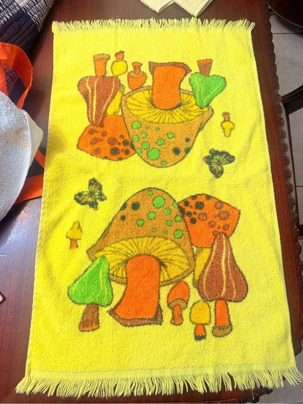 3pc SET VTG 1970s Mushroom Towel Apron‎ Kitchen Towel Yellow Crochet Top Towel